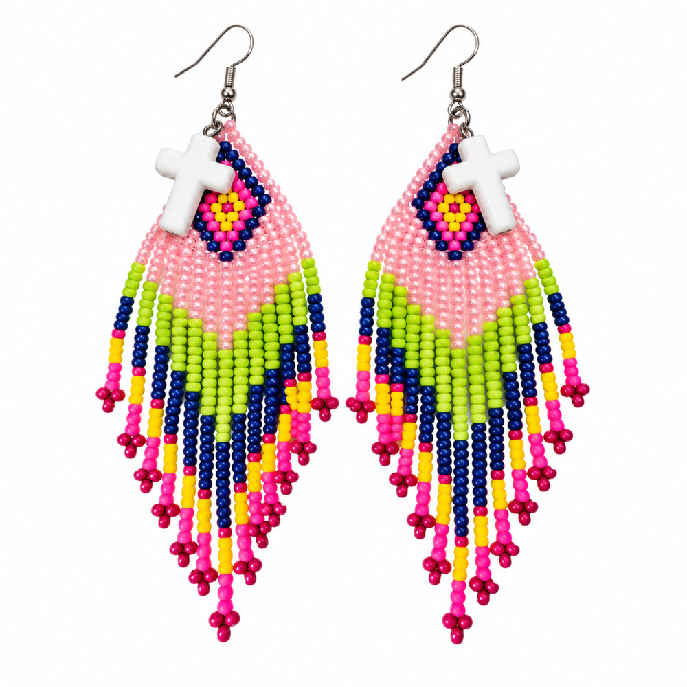 Hand Beaded Pink, Green, and White Fringe Earrings with Small White Crosses